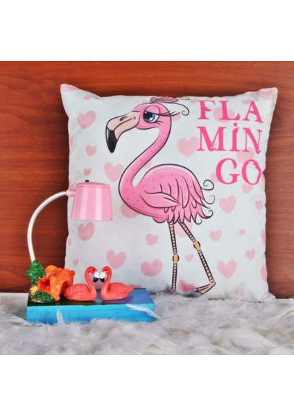 Flamingoların Aşkı Masa Gece Lambası Flamingo Tasarımlı Puf Yastık Hediye Seti