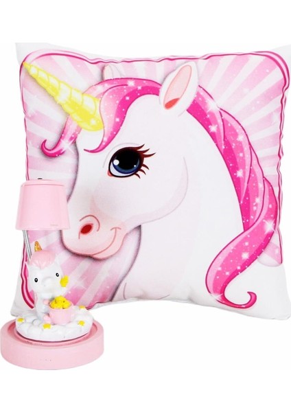 Unicorn Işıklı Biblo Masa Gece Lambası Unicorn Puf Yastık Hediye Seti