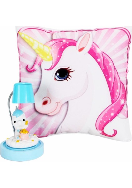 Unicorn Işıklı Biblo Masa Gece Lambası Unicorn Puf Yastık Hediye Seti