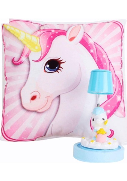 Pembe Unicorn Tasarımlı Puf Yastık Sevimli Unicorn Masa Gece Lambası Işıklı Biblo Hediye Seti
