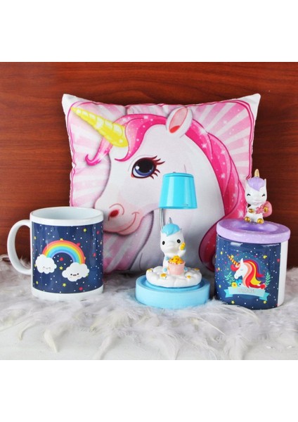 Unicorn Işıklı Biblo Masa Gece Lambası Unicorn Puf Yastık Kalemlik Unicorn Kupa Hediye Seti