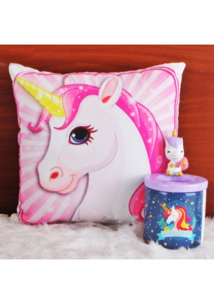 Unicorn Tasarımlı Puf Yastık Unicorn Biblo Tasarımlı Kalemlik Hediye Seti