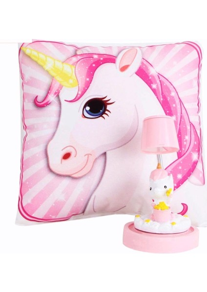 Pembe Unicorn Tasarımlı Puf Yastık Sevimli Unicorn Masa Gece Lambası Işıklı Biblo Hediye Seti