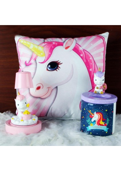 Gökkuşağı Unicorn Kalemlik Unicorn Işıklı Biblo Masa Gece Lambası Puf Yastık Hediye Seti