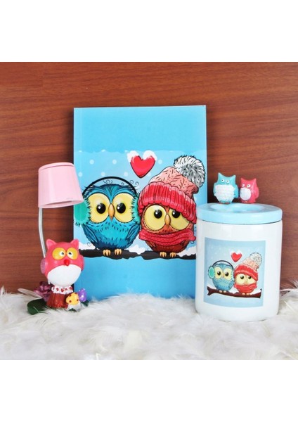 Aşık Baykuşlar Günlük Hatıra Defteri Baykuş Işıklı Biblo Tasarım Kalemlik Hediye Seti