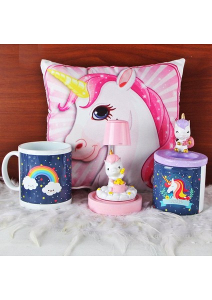 Unicorn Işıklı Biblo Masa Gece Lambası Unicorn Puf Yastık Kalemlik Unicorn Kupa Hediye Seti