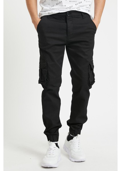 Siyah Renk Likralı Slim Fit Körüklü Cep Kargo Pantolon