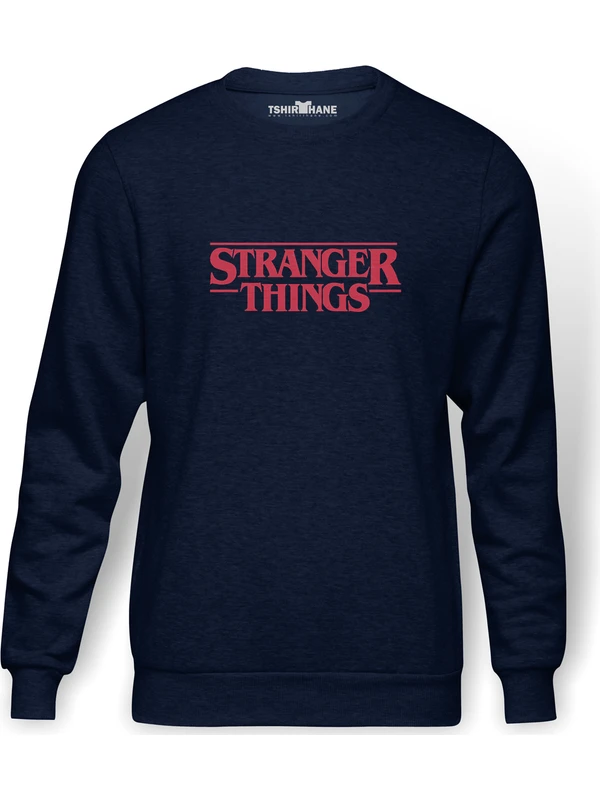 Tshirthane Stranger Things Logo Baskılı İndigo Mavi Lacivert Erkek Örme Sweatshirt Uzun kol