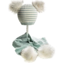 Baby Dora  Pamuk, Beyaz Çift  Ponponlu Su Yeşili Atkı & Bere Takımı