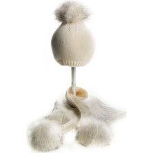 Baby Dora  Pamuk, Ponponlu Kırık Beyaz Atkı & Bere Takımı