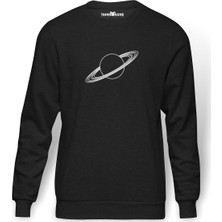 Tshirthane Gezegen Satürn Siyah Ve Beyaz Jüpiter Baskılı Erkek Örme Sweatshirt Uzun Kol