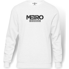 Tshirthane Metro Exodus Logo Baskılı Beyaz Erkek Örme Sweatshirt Uzun kol