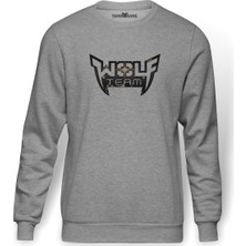 Tshirthane Wolfteam Logo Baskılı Gri Melanj Erkek Örme Sweatshirt Uzun kol