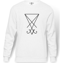 Tshirthane Lucifer Sigil Baskılı Beyaz Erkek Örme Sweatshirt Uzun kol