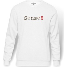 Tshirthane Sense8 Baskılı Beyaz Erkek Örme Sweatshirt Uzun kol