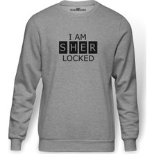 Tshirthane Sherlock I Am Sher Locked Baskılı Gri Melanj Erkek Örme Sweatshirt Uzun kol
