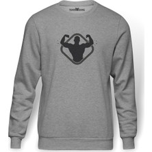 Tshirthane Silhouette Bodybuilding Baskılı Gri Melanj Erkek Örme Sweatshirt Uzun kol