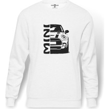 Tshirthane Araba Mini Baskılı Beyaz Erkek Örme Sweatshirt Uzun kol