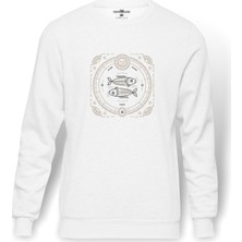 Tshirthane Burç Balık Pisces Baskılı Beyaz Erkek Örme Sweatshirt Uzun kol