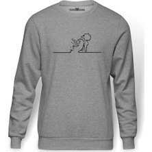 Tshirthane La Linea Trt Cizgi Adam Kadin Baskılı Gri Melanj Erkek Örme Sweatshirt Uzun kol