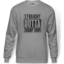 Tshirthane Pubg Straıght Outta Swamp Town Baskılı Gri Melanj Erkek Örme Sweatshirt Uzun kol