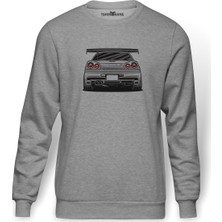 Tshirthane Nissan Skyline R 34 Baskılı Gri Melanj Erkek Örme Sweatshirt Uzun kol