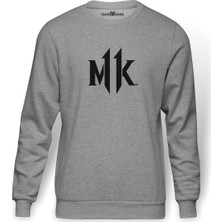 Tshirthane Mortal Kombat Baskılı Gri Melanj Erkek Örme Sweatshirt Uzun kol