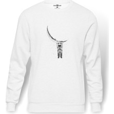 Tshirthane Astronot Aya Asılı Astronot Baskılı Beyaz Erkek Örme Sweatshirt Uzun kol