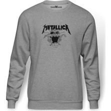 Tshirthane Metallica Kurukafa Baskılı Gri Melanj Erkek Örme Sweatshirt Uzun kol