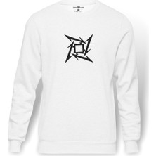 Tshirthane Metallica Logo Müzik Baskılı Beyaz Erkek Örme Sweatshirt Uzun kol