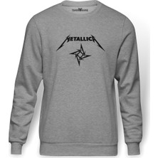 Tshirthane Metallica Logo Yıldız Baskılı Gri Melanj Erkek Örme Sweatshirt Uzun kol