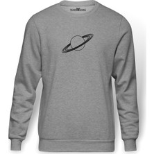 Tshirthane Gezegen Satürn Siyah Ve Beyaz Jüpiter Baskılı Gri Melanj Erkek Örme Sweatshirt Uzun kol