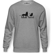 Tshirthane Hakuna Matata Baskılı Gri Melanj Erkek Örme Sweatshirt Uzun kol