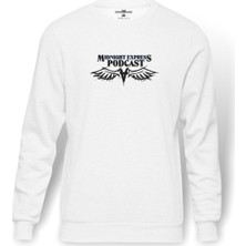 Tshirthane EXPRESS PODCAST Baskılı Beyaz Erkek Örme Sweatshirt Uzun kol