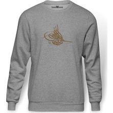Tshirthane Osmanlı Tuğrası Baskılı Gri Melanj Erkek Örme Sweatshirt Uzun kol