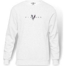 Tshirthane Vikings Baskılı Beyaz Erkek Örme Sweatshirt Uzun kol