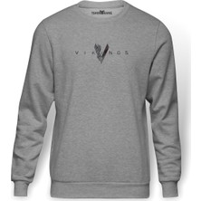 Tshirthane Vikings Baskılı Gri Melanj Erkek Örme Sweatshirt Uzun kol