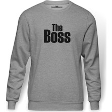 Tshirthane The Boss Baskılı Gri Melanj Erkek Örme Sweatshirt Uzun kol