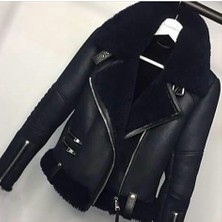 Derimont Deri  Bayan Yan Fermuar Kürklü Siyah