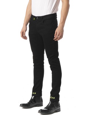 Cekmon Pacası Yazı Detaylı Kot Pantolon Black Yellow-31