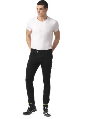 Cekmon Pacası Yazı Detaylı Kot Pantolon Black Yellow-38