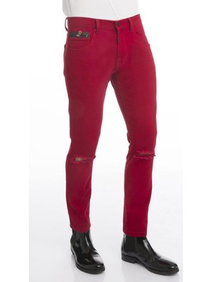 Cekmon Dizde Yırtık Detaylı Fermuar Aksesuarlı Slim Fit Kot Pantolon Red-38