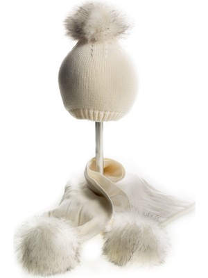 Baby Dora  Pamuk, Ponponlu Kırık Beyaz Atkı & Bere Takımı