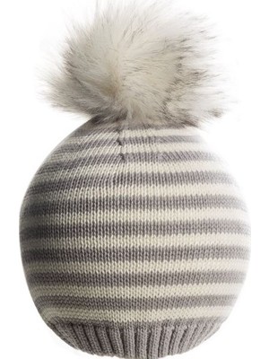 Baby Dora  Pamuk,ponponlu Gri Çizgili Bere