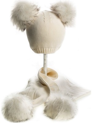 Baby Dora  Pamuk, Çift  Ponponlu Kırık Beyaz  Atkı & Bere Takımı