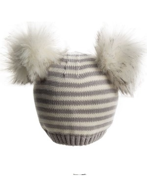 Baby Dora  Pamuk ,çift Ponponlu Gri Çizgili Bere