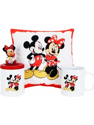 Hediyekanalı Mickey Mouse Minnie Mouse Tasarımlı Kalemlik Puf Yastık Mickey Minnie Kupa Hediye Seti