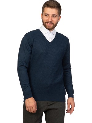 White Stone Caxito Slim Fit Yünlü V Yaka Desenli Triko Indigo