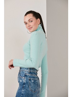 Catspy Kadın Turkuaz Lycra Boğazlı Triko Kazak