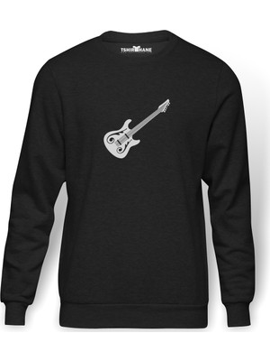 Tshirthane Bas Gitar Siyah Ve Beyaz Elektro Gitar Baskılı Erkek Örme Sweatshirt Uzun Kol